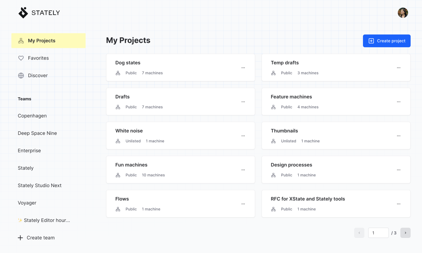 Stately Studio My Projects page showing three pages of projects along with each project’s name, number of machines, and whether the project is public, private, or unlisted.