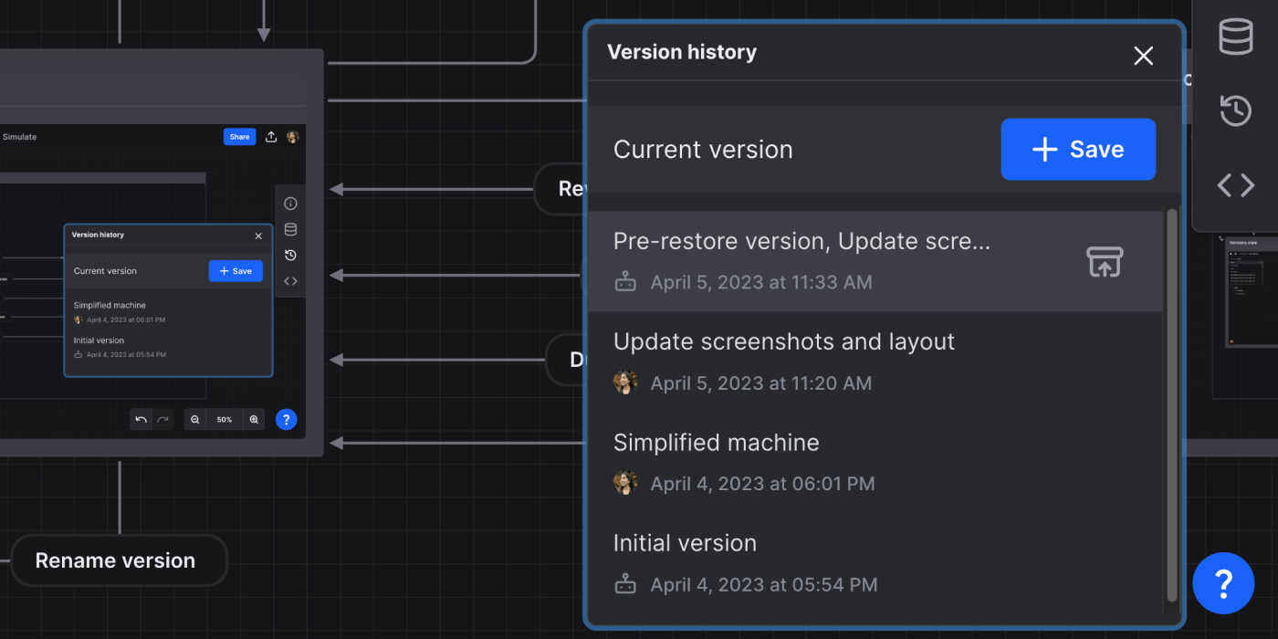 Autosave machine in the Version history panel named starting with Pre-restore version.